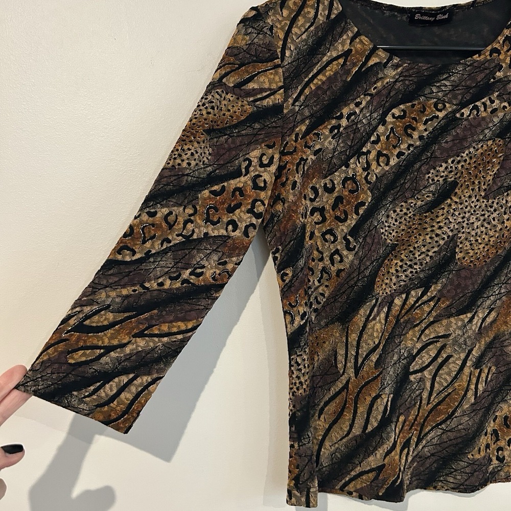 Vtg USA Made Animal Print Leopard Top Sz M Sheer Stretch Brittany Black - Picture 2 of 12